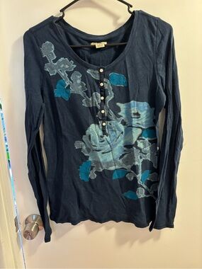 Lucky Brand Navy Blue Long Sleeve Henley with Teal Floral Print